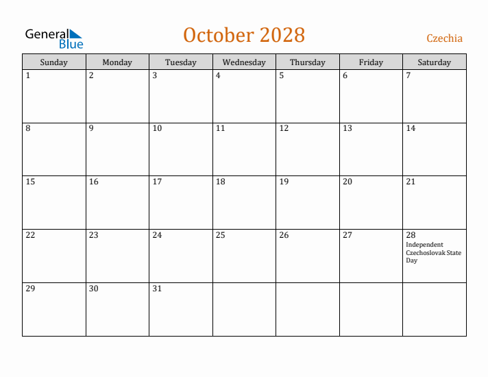 October 2028 Holiday Calendar with Sunday Start