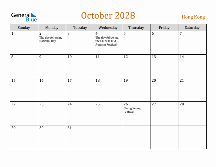 October 2028 Holiday Calendar with Sunday Start