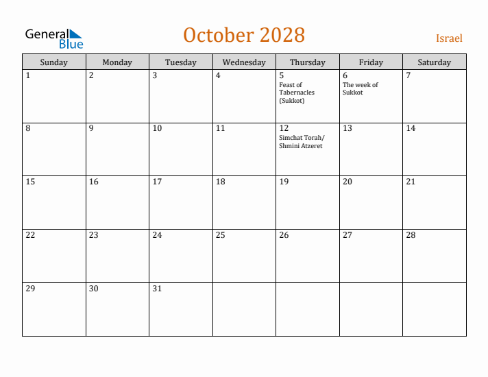 October 2028 Holiday Calendar with Sunday Start