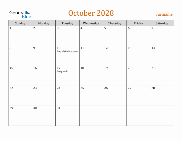 October 2028 Holiday Calendar with Sunday Start
