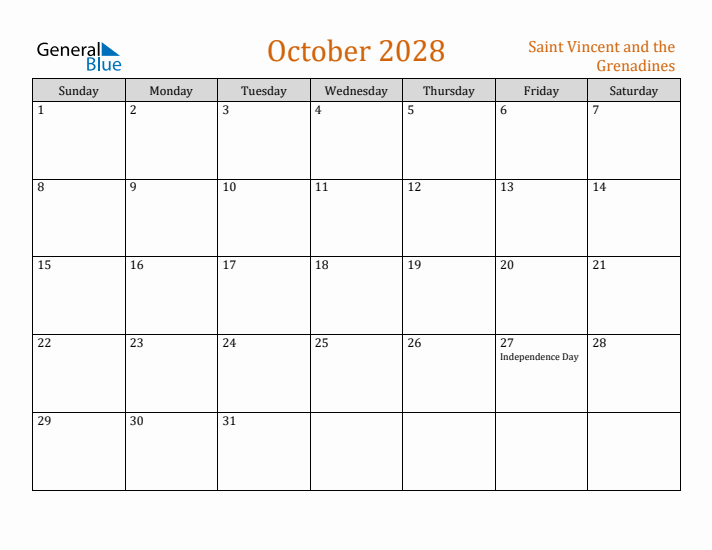 October 2028 Holiday Calendar with Sunday Start
