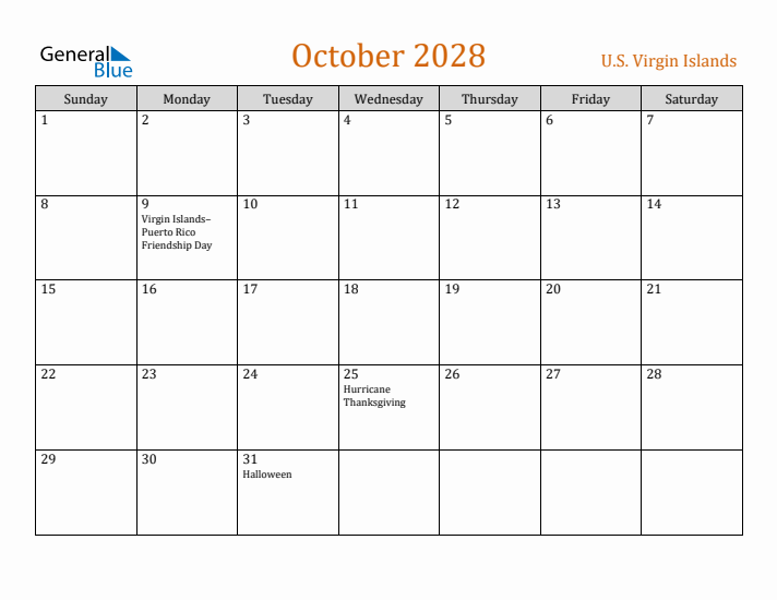 October 2028 Holiday Calendar with Sunday Start