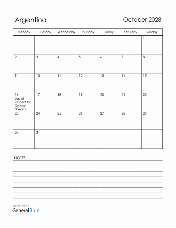 October 2028 Argentina Calendar with Holidays (Monday Start)