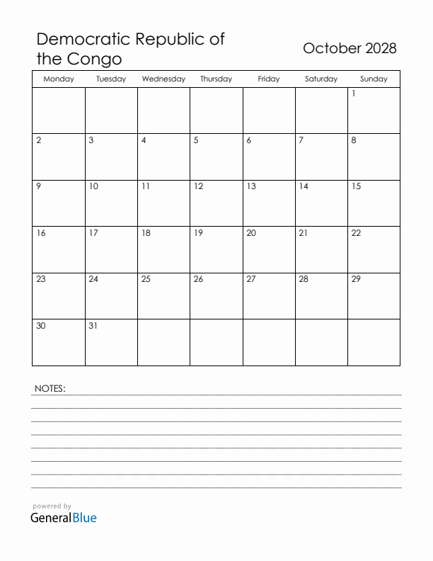 October 2028 Democratic Republic of the Congo Calendar with Holidays (Monday Start)