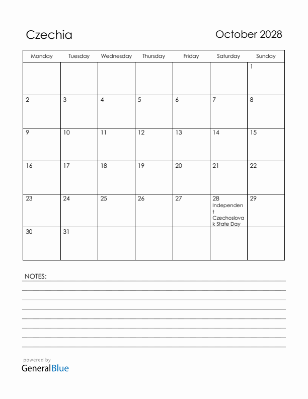 October 2028 Czechia Calendar with Holidays (Monday Start)