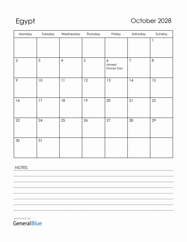 October 2028 Egypt Calendar with Holidays (Monday Start)