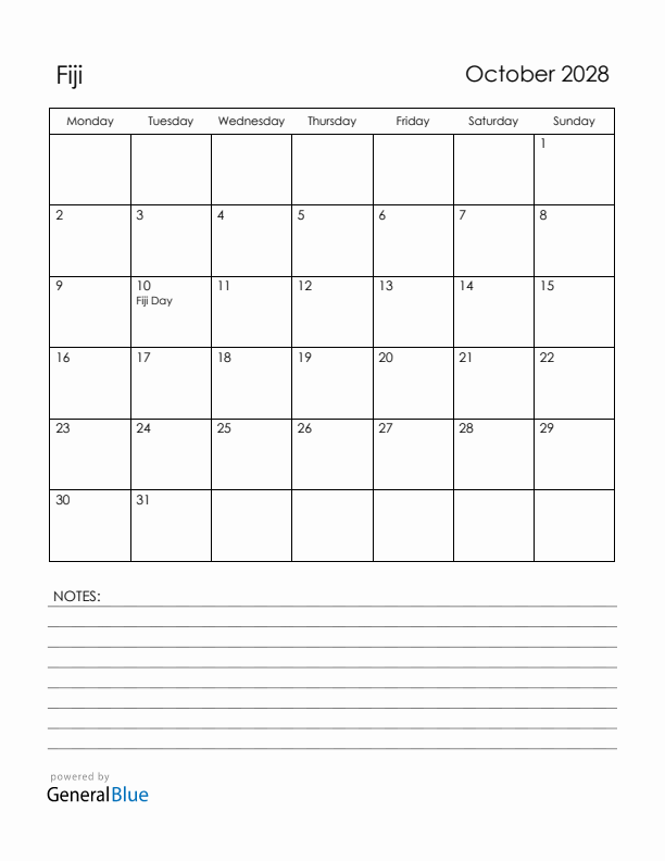 October 2028 Fiji Calendar with Holidays (Monday Start)