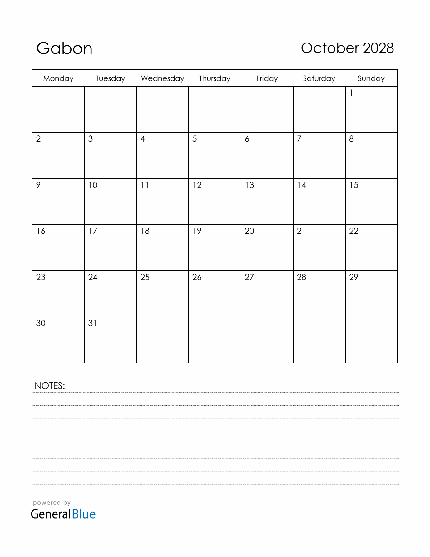 October 2028 Gabon Calendar with Holidays (Monday Start)
