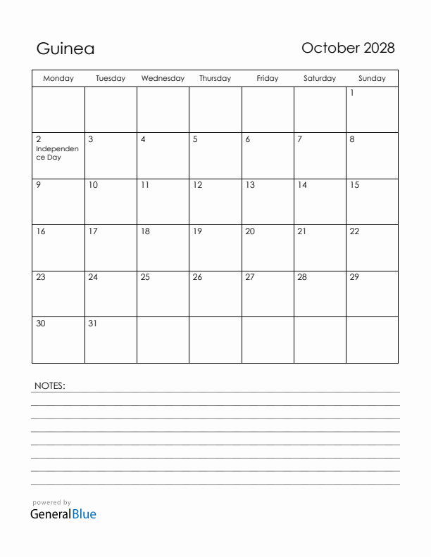 October 2028 Guinea Calendar with Holidays (Monday Start)