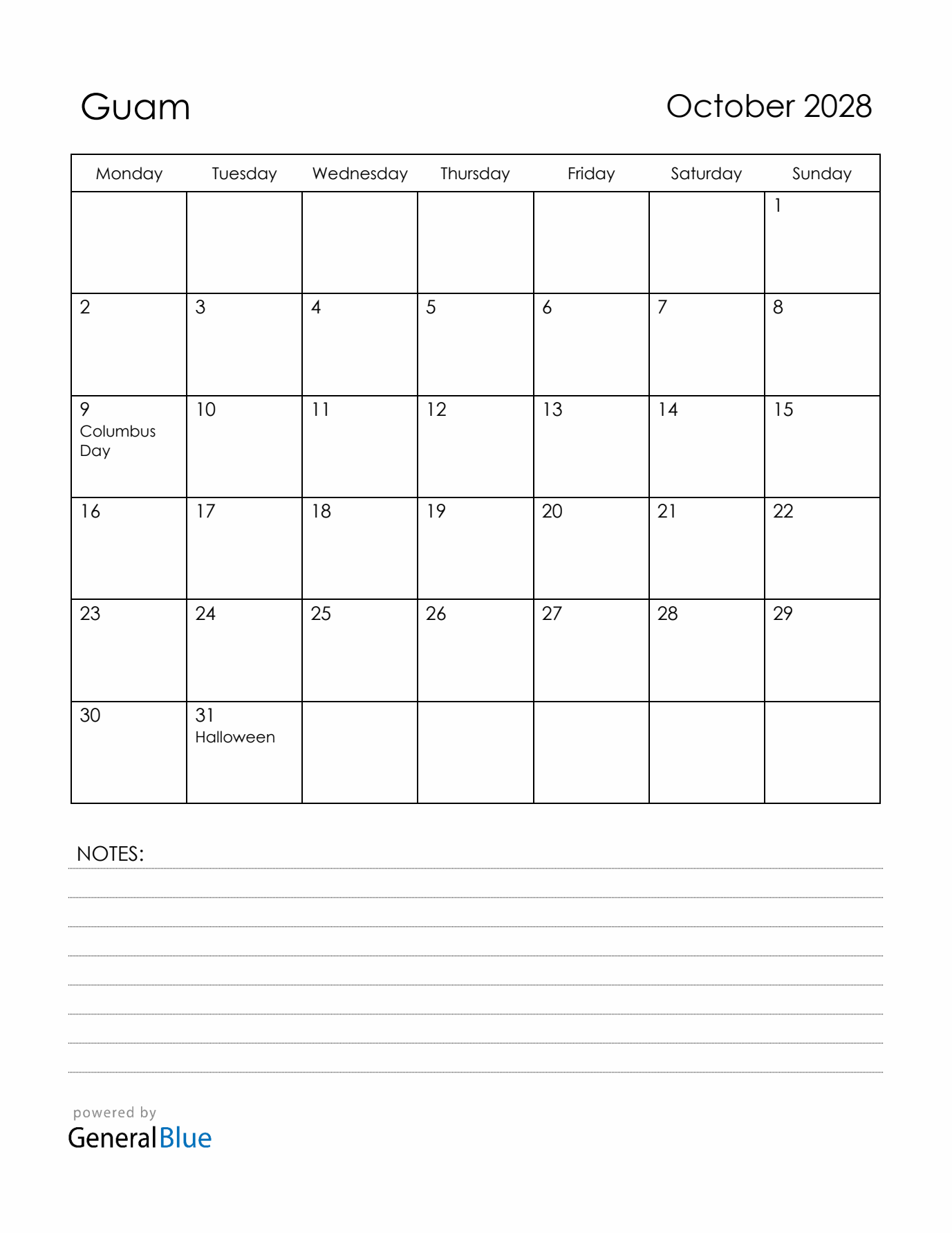 October 2028 Guam Calendar with Holidays (Monday Start)