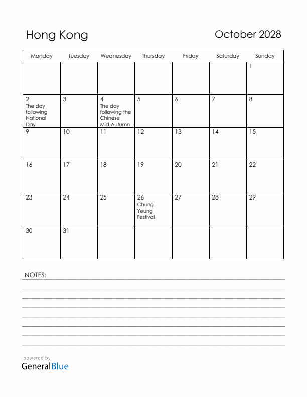 October 2028 Hong Kong Calendar with Holidays (Monday Start)