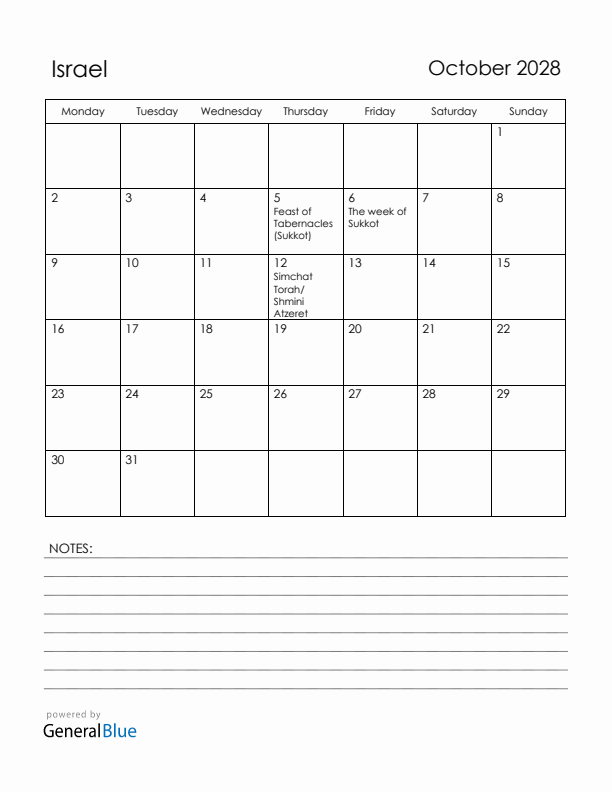 October 2028 Israel Calendar with Holidays (Monday Start)