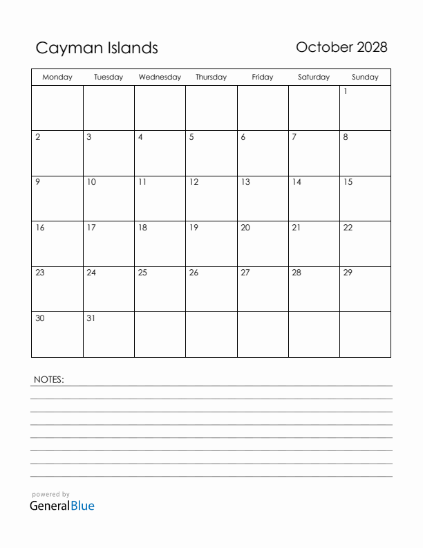 October 2028 Cayman Islands Calendar with Holidays (Monday Start)