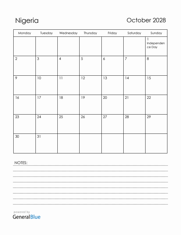 October 2028 Nigeria Calendar with Holidays (Monday Start)