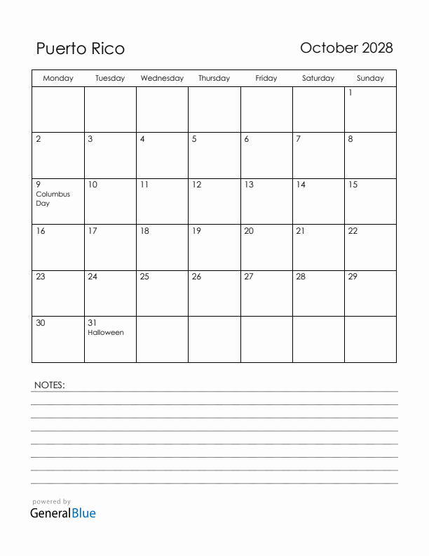 October 2028 Puerto Rico Calendar with Holidays (Monday Start)