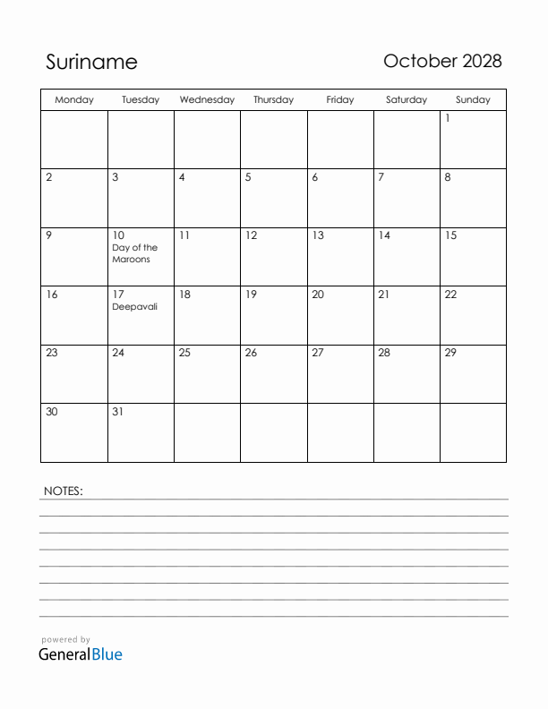 October 2028 Suriname Calendar with Holidays (Monday Start)