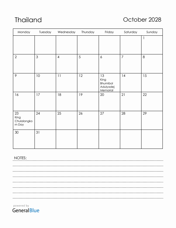 October 2028 Thailand Calendar with Holidays (Monday Start)