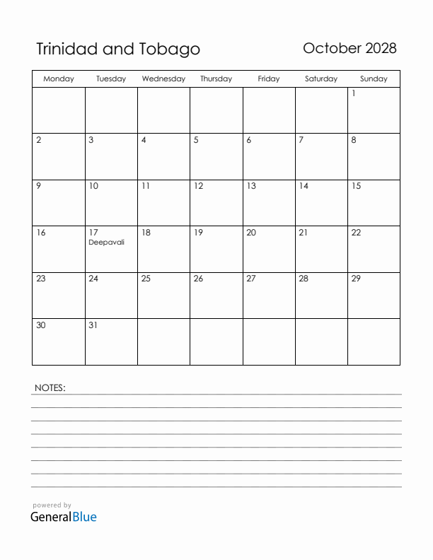 October 2028 Trinidad and Tobago Calendar with Holidays (Monday Start)