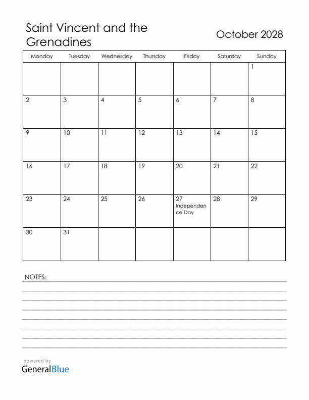 October 2028 Saint Vincent and the Grenadines Calendar with Holidays (Monday Start)