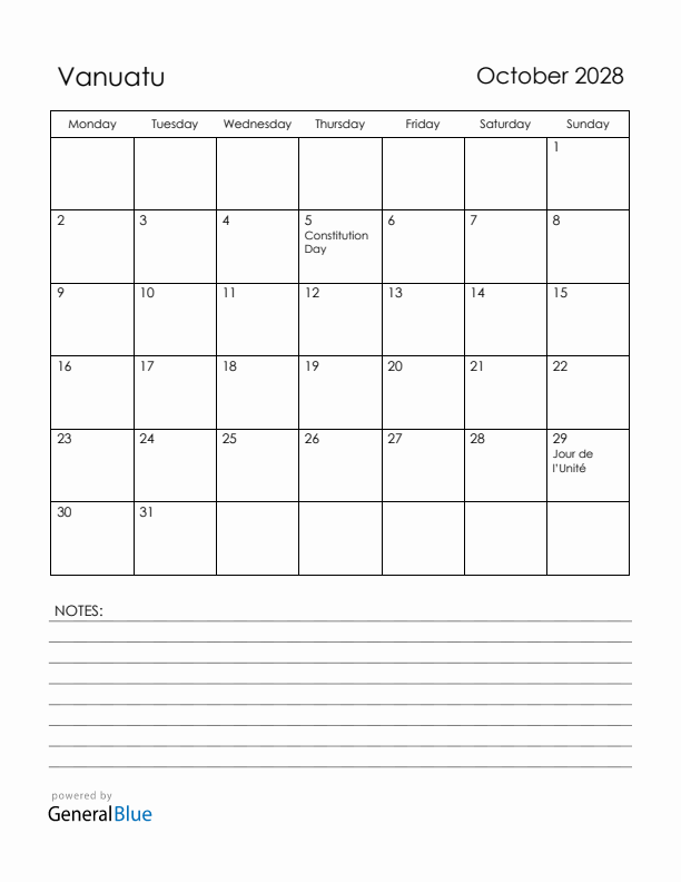 October 2028 Vanuatu Calendar with Holidays (Monday Start)