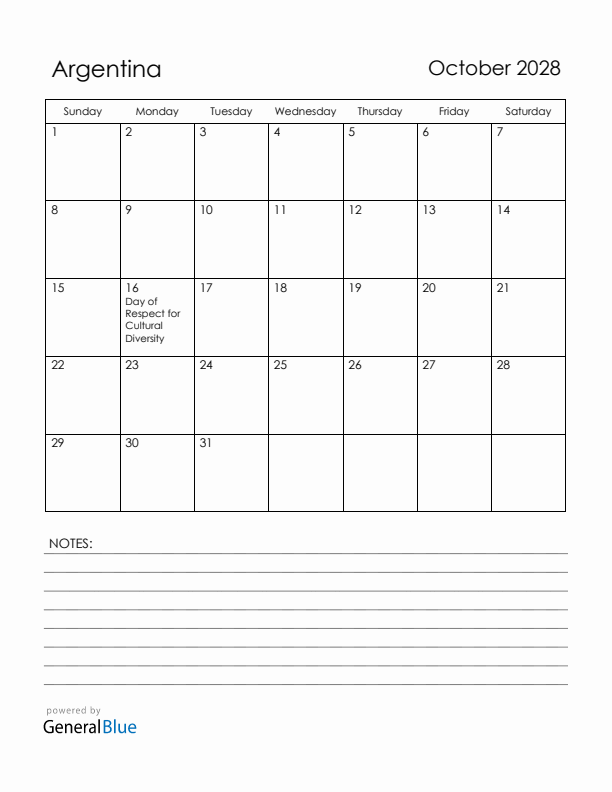 October 2028 Argentina Calendar with Holidays (Sunday Start)