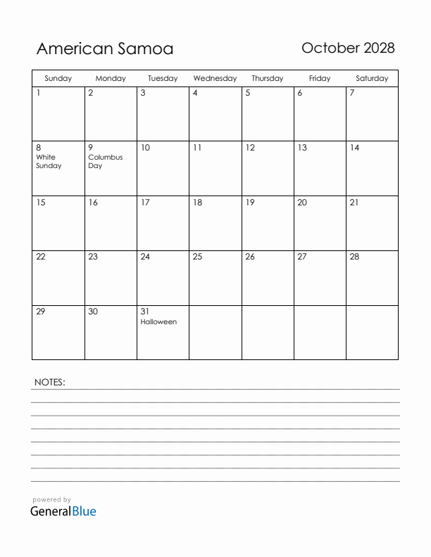 October 2028 American Samoa Calendar with Holidays (Sunday Start)