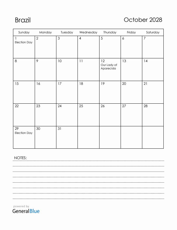 October 2028 Brazil Calendar with Holidays (Sunday Start)