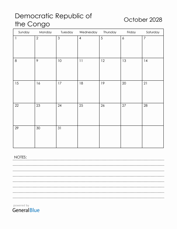 October 2028 Democratic Republic of the Congo Calendar with Holidays (Sunday Start)
