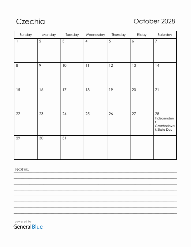 October 2028 Czechia Calendar with Holidays (Sunday Start)