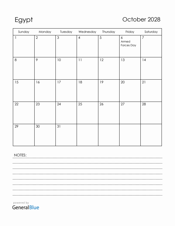 October 2028 Egypt Calendar with Holidays (Sunday Start)