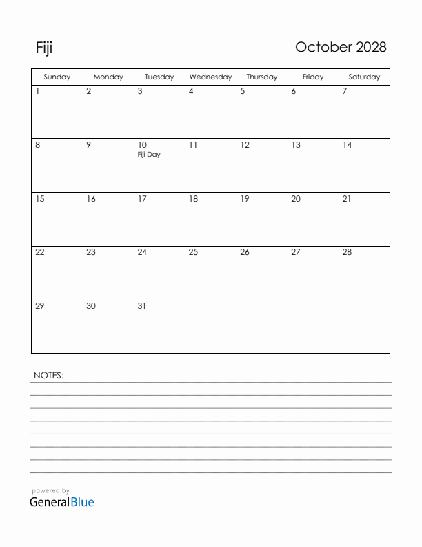 October 2028 Fiji Calendar with Holidays (Sunday Start)