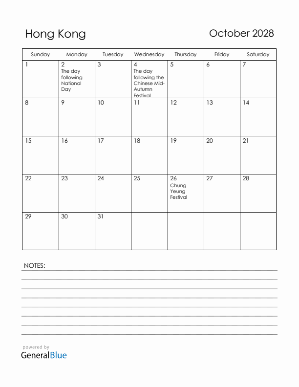October 2028 Hong Kong Calendar with Holidays (Sunday Start)