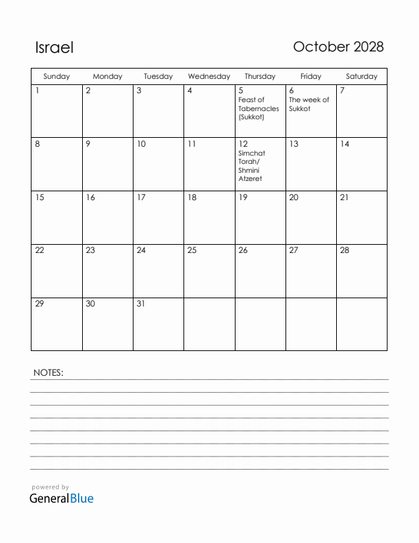 October 2028 Israel Calendar with Holidays (Sunday Start)