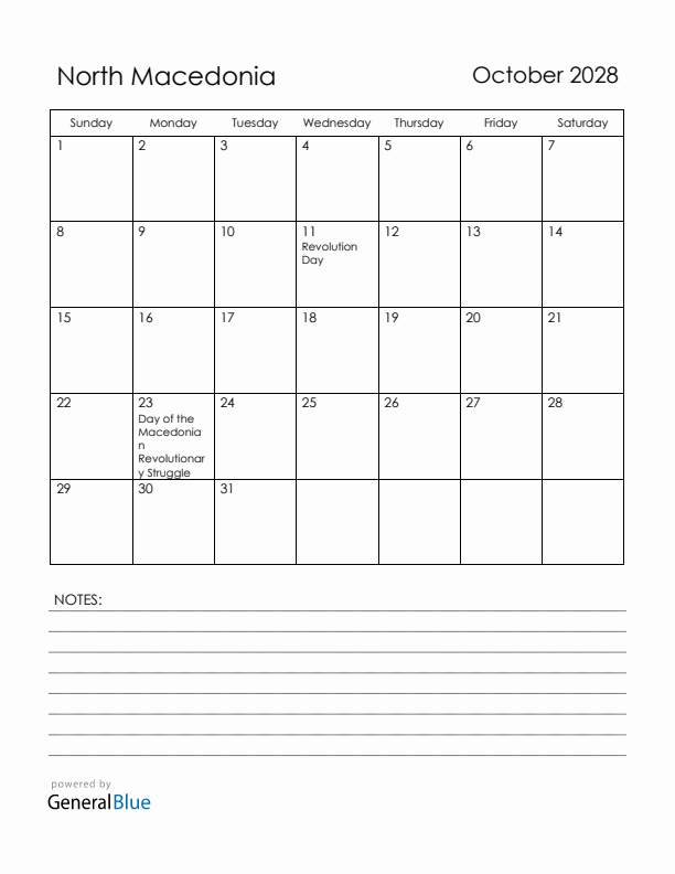 October 2028 North Macedonia Calendar with Holidays (Sunday Start)
