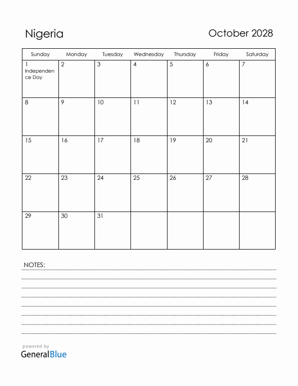 October 2028 Nigeria Calendar with Holidays (Sunday Start)