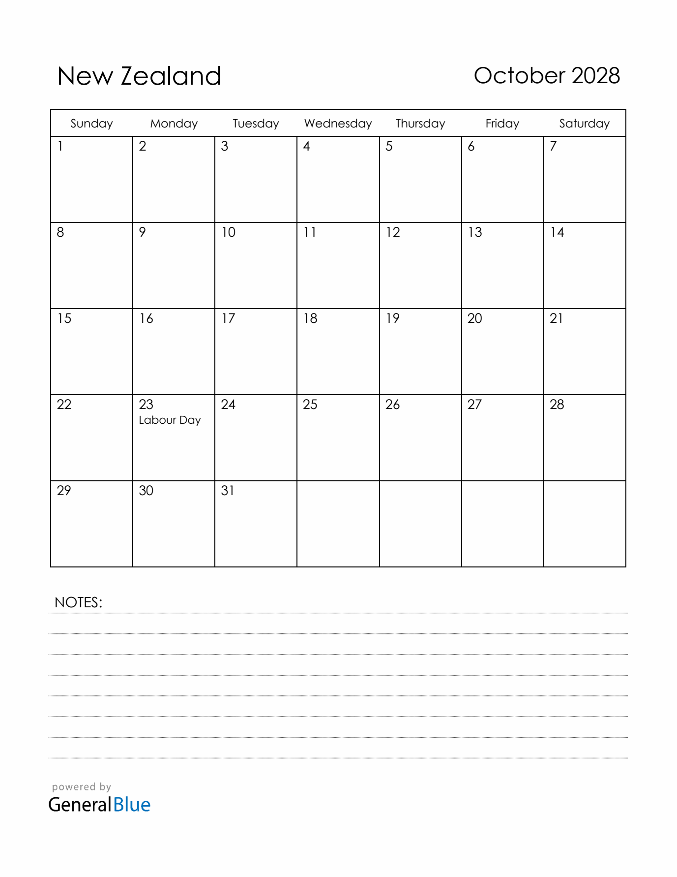 October 2028 New Zealand Calendar with Holidays (Sunday Start)