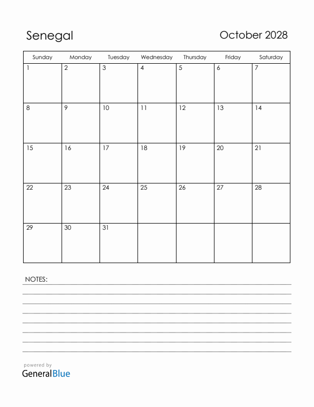October 2028 Senegal Calendar with Holidays (Sunday Start)