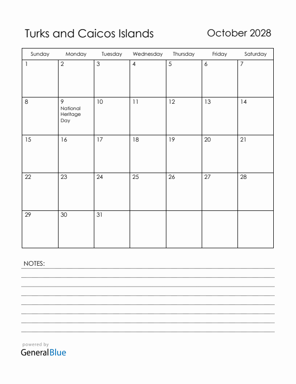 October 2028 Turks and Caicos Islands Calendar with Holidays (Sunday Start)
