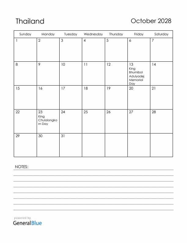 October 2028 Thailand Calendar with Holidays (Sunday Start)