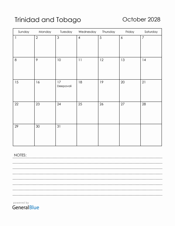 October 2028 Trinidad and Tobago Calendar with Holidays (Sunday Start)