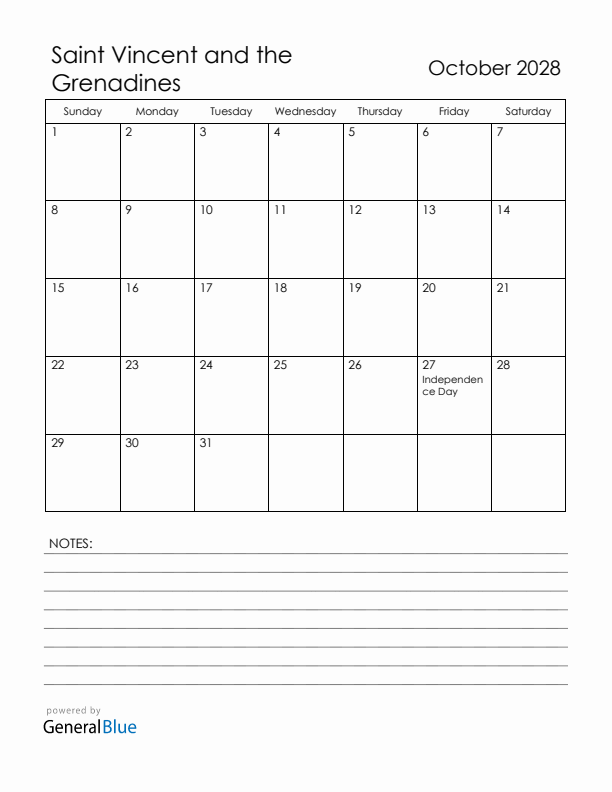 October 2028 Saint Vincent and the Grenadines Calendar with Holidays (Sunday Start)