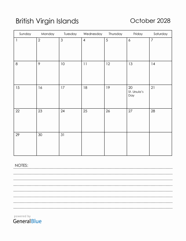October 2028 British Virgin Islands Calendar with Holidays (Sunday Start)