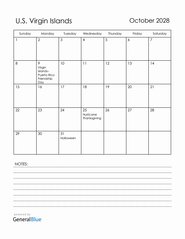 October 2028 U.S. Virgin Islands Calendar with Holidays (Sunday Start)