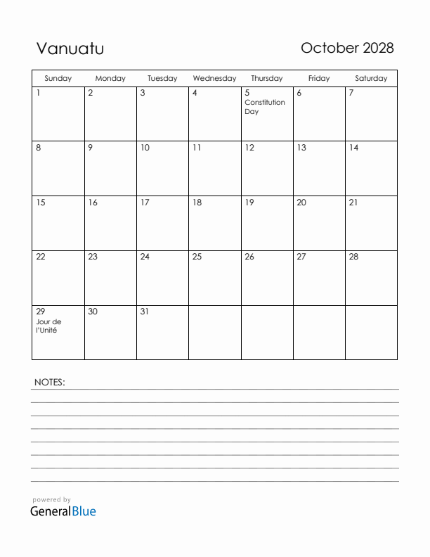 October 2028 Vanuatu Calendar with Holidays (Sunday Start)