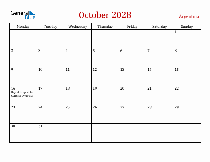 Argentina October 2028 Calendar - Monday Start