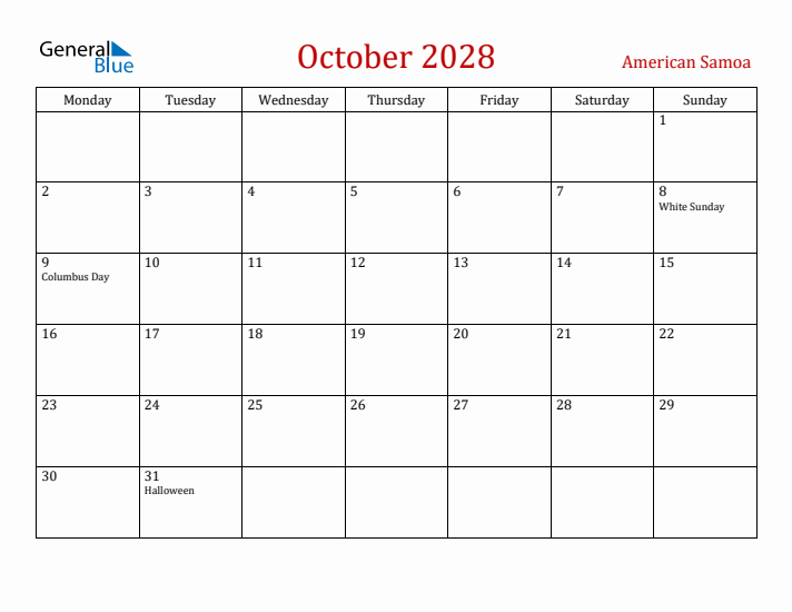 American Samoa October 2028 Calendar - Monday Start
