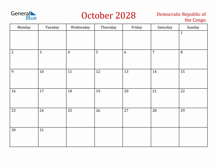 Democratic Republic of the Congo October 2028 Calendar - Monday Start