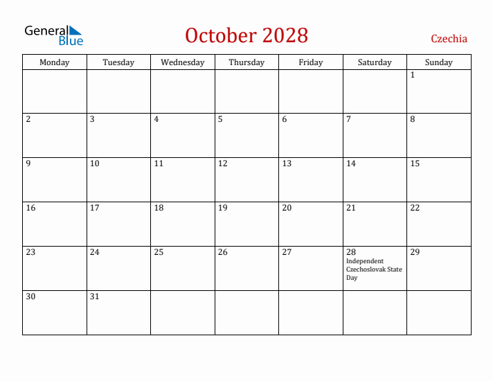 Czechia October 2028 Calendar - Monday Start