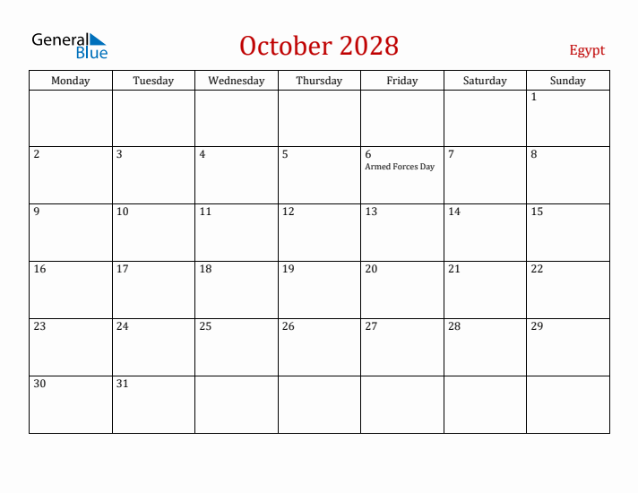 Egypt October 2028 Calendar - Monday Start