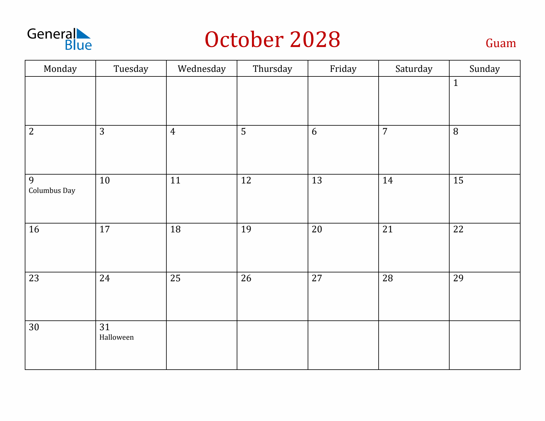 Guam October 2028 Calendar - Monday Start